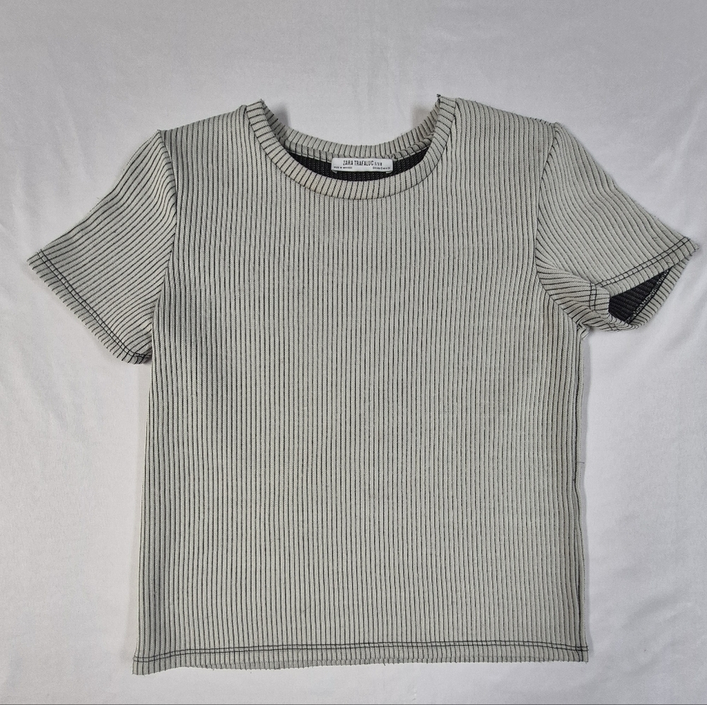 Zara Trafaluc Women's Small Striped Gray And Black Ribbed Short Sleeve Shirt